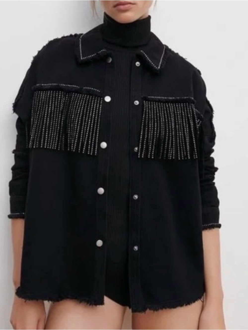 Zara Cowgirl Jacket Oversized Rhinestone Fringe Black Western Concert  Small